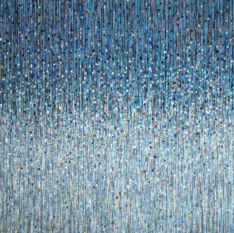 Abstract painting of silvery blue droplets falling in delicate vertical lines - Silver Rain