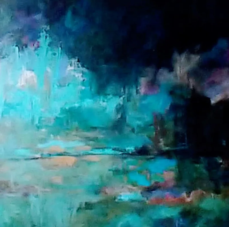 Dramatic abstract waterscape of turquoise lagoon light breaking through dark storm clouds - Storm Over the Lagoon