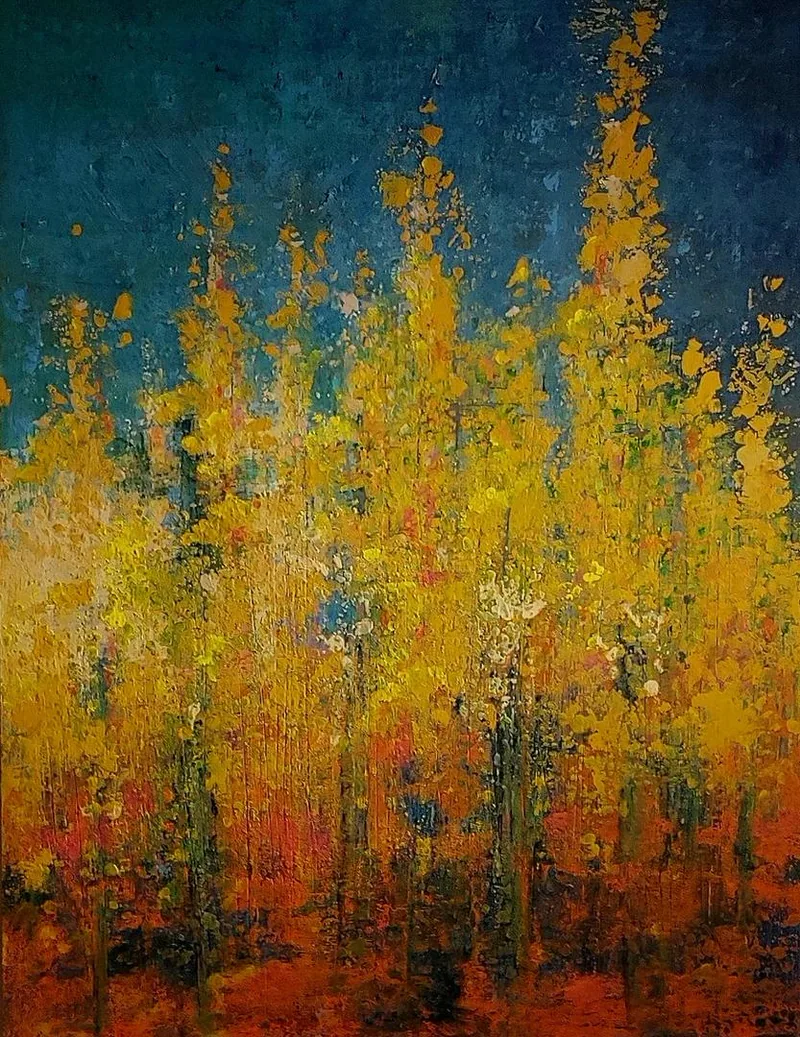 Abstract painting of golden autumn trees glowing against a deep teal night sky - Autumn Blaze