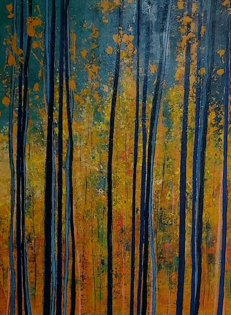 Abstract painting of slender dark tree trunks among shimmering gold foliage - Gilded Forest