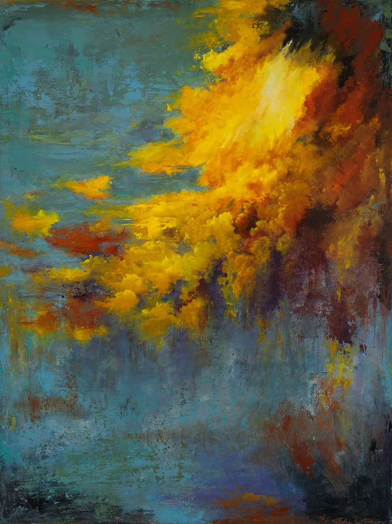 Gestural abstract painting of golden yellow clouds sweeping across a teal blue sky - Golden Flourish