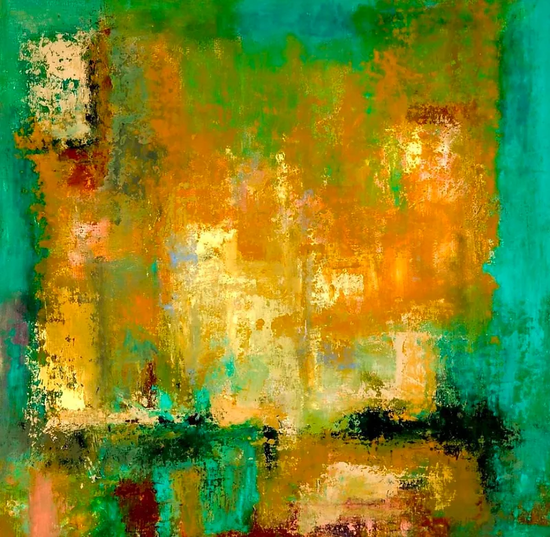 Abstract painting with the weathered patina of copper and gold against jade green - Copper and Jade