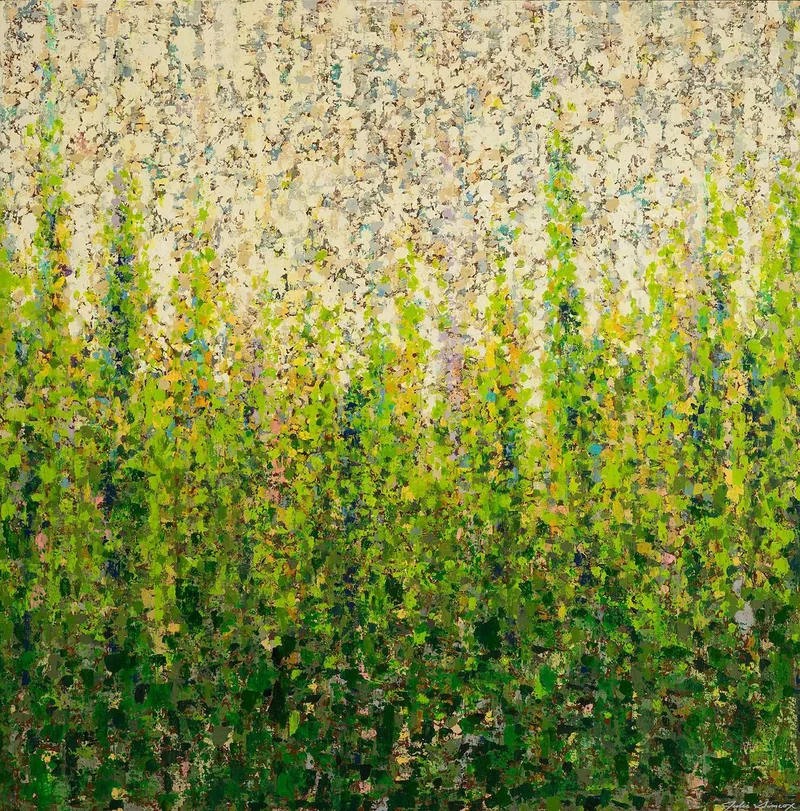 Textured abstract painting of a green wildflower meadow rising into soft cream light - Spring Meadow