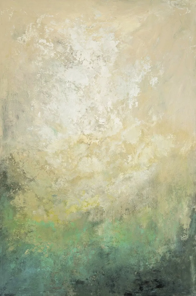 Soft minimal abstract painting in warm cream, ivory and grey-green mist tones - Morning Mist